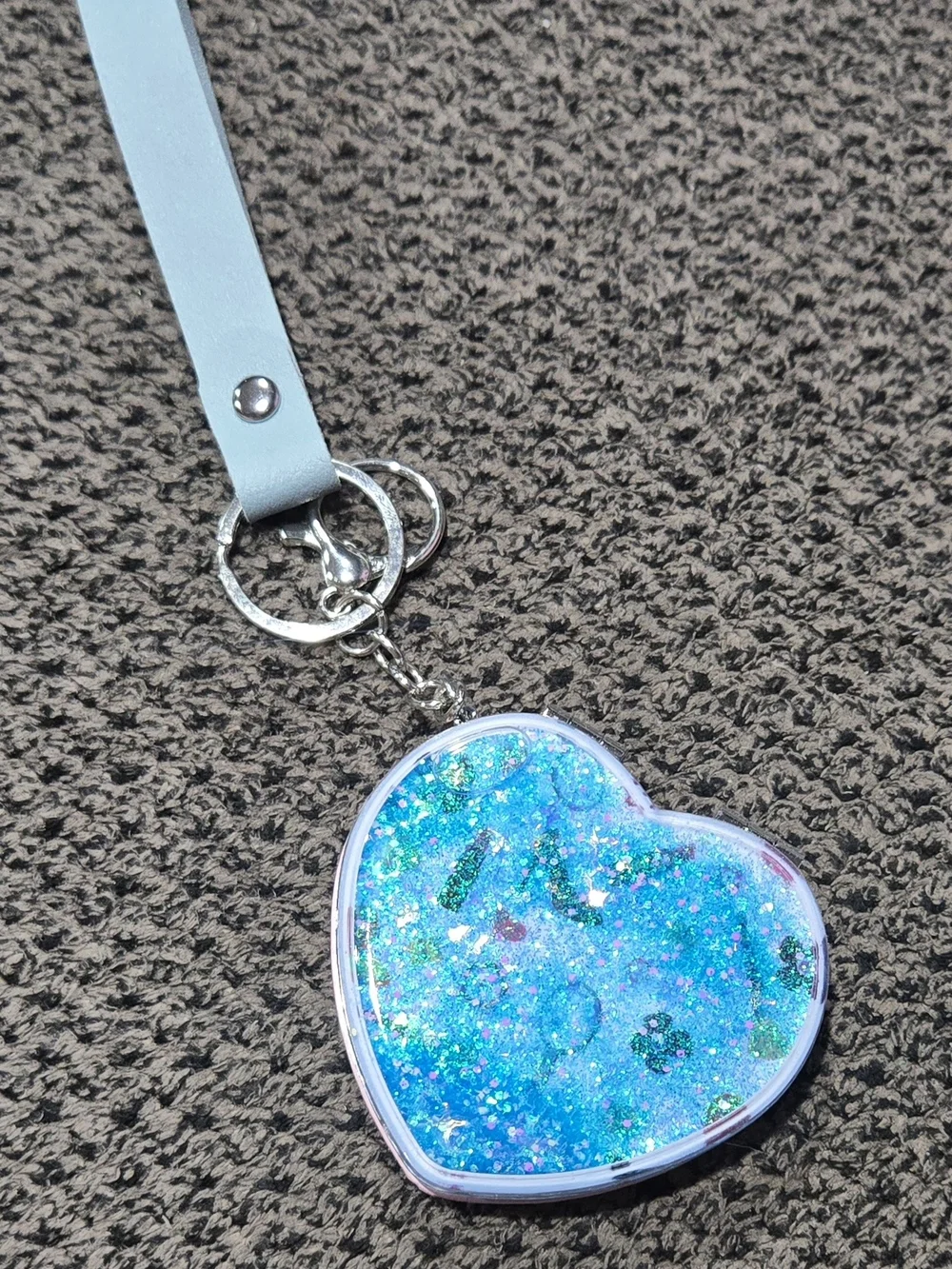Double Sided Compact Mirror Blue Glitter Keychain Wristlet Heart Shaped